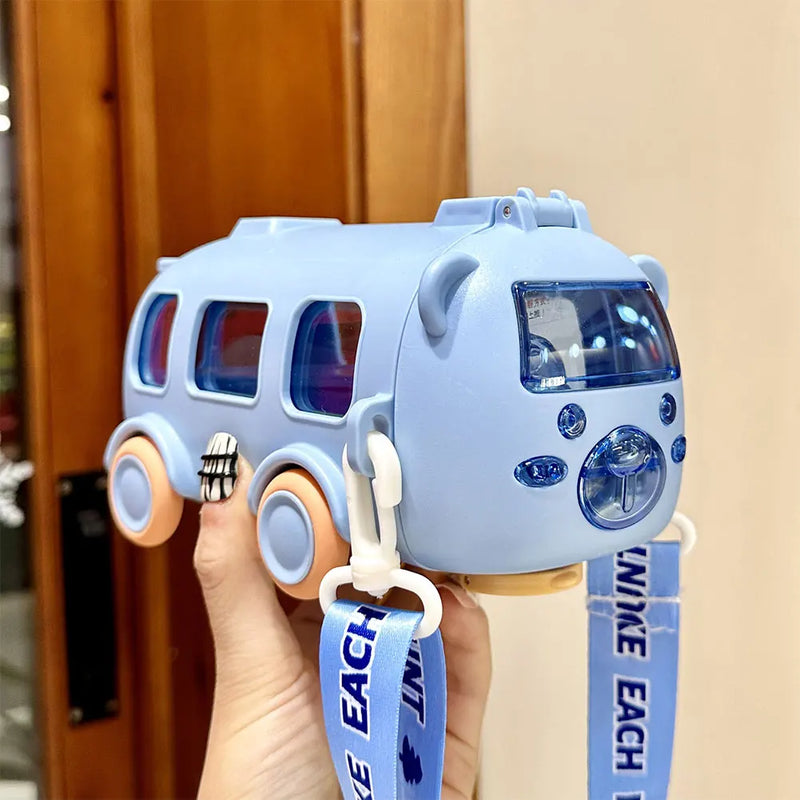 500ML Bus Shape Cute Car Water Bottle with Movable Wheels & Strap Plastic Drinking Bottle Leakproof for Boys Girls