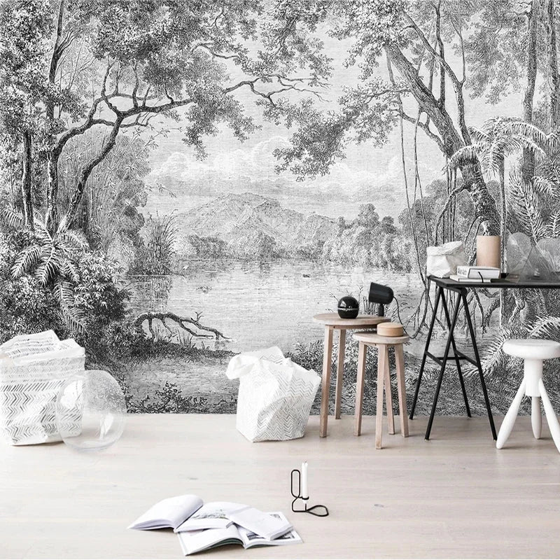 Custom Photo Wallpaper Black And White Forest Mural European Retro Hand Painted Line Rainforest Jungle Painting Papel De Parede