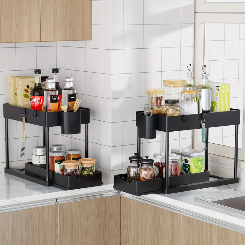 2Pcs 2-Tier Sliding Cabinet Organizer, Pull-Out Under Sink Rack, Double-Layer Shelf for Kitchen and Bathroom Storage