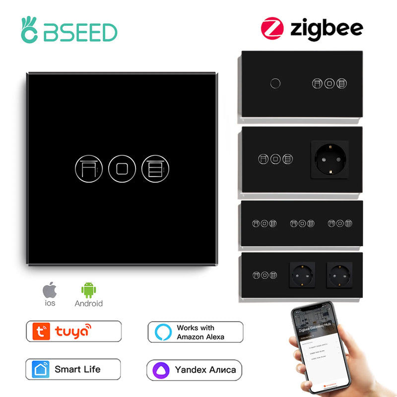 BSEED Zigbee Roller Shutter Switch Smart Light Wall Switches Electric Blinds Switch With EU Socket Support Tuya Smart Life Alexa