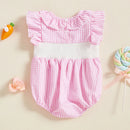 0-18M Baby Girl Easter Romper Short Sleeve Ruffle Collar Bunny Embroidery Smocked Bodysuit Newborn Outfit