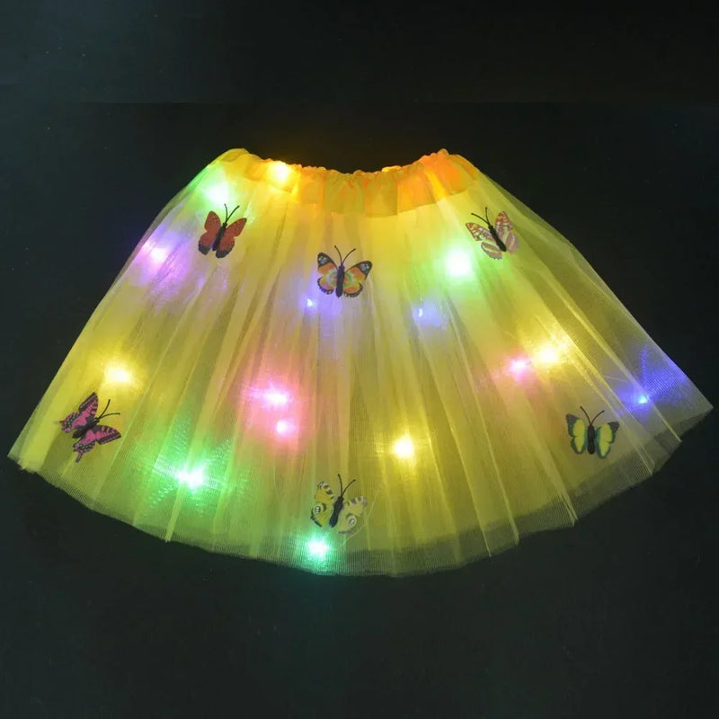 Princess Girl Butterfly Light Fairy Tutu LED Skirt Glow Flower Headband Birthday Gift Fancy Party Christmas Halloween Festival