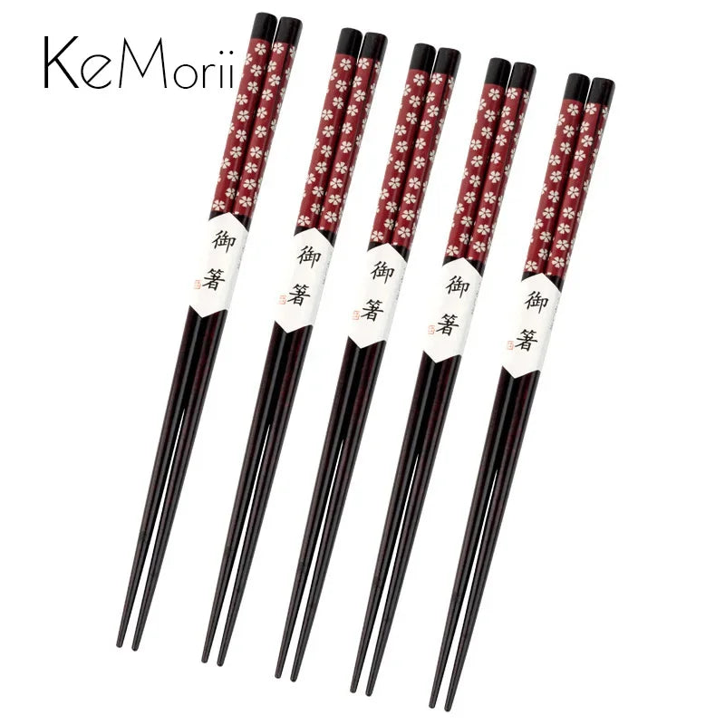 2/5 Pairs Natural Wooden Chopsticks Reusable Black Cherry Blossom Japanese Sushi Chop Sticks Set for Chinese Food