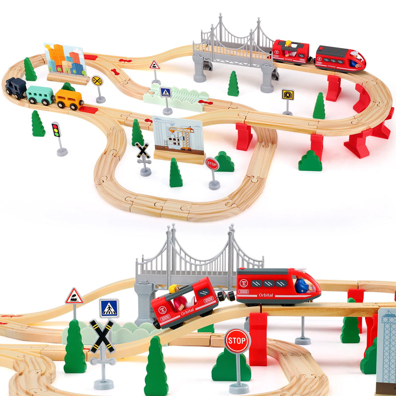72/108 Pieces Montessori Set Of Children's Toy Wood Trains, Cars, Engineering Railway Wooden Train set Gift For Boys And Girls