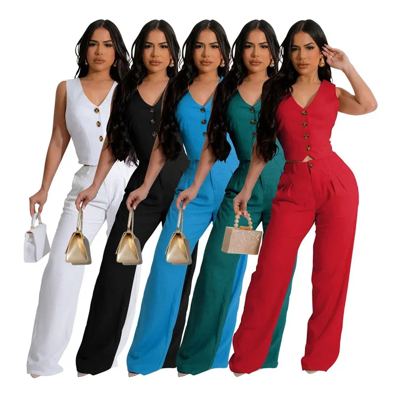 Fashion Elegant Two Piece Set for Women Workwear Office Lady Sleeveless Vest Single-breasted Top + Wide Leg Pants Business Suit