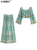 Vintage Chic Women Two Piece Outfits Off  Shoulder Long Sleeve Tops Bohemian  Drawstring Skirts 2 Pieces Rayon Cotton Boho Sets