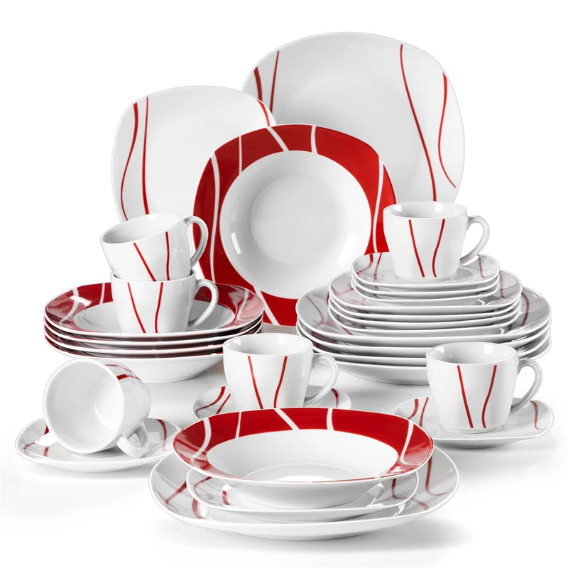 MALACASA 18/30 Piece Red Stripes Ivory White Porcelain Tableware Dinner Set with 6 Piece Cups Saucers Dessert Soup Dinner Plate