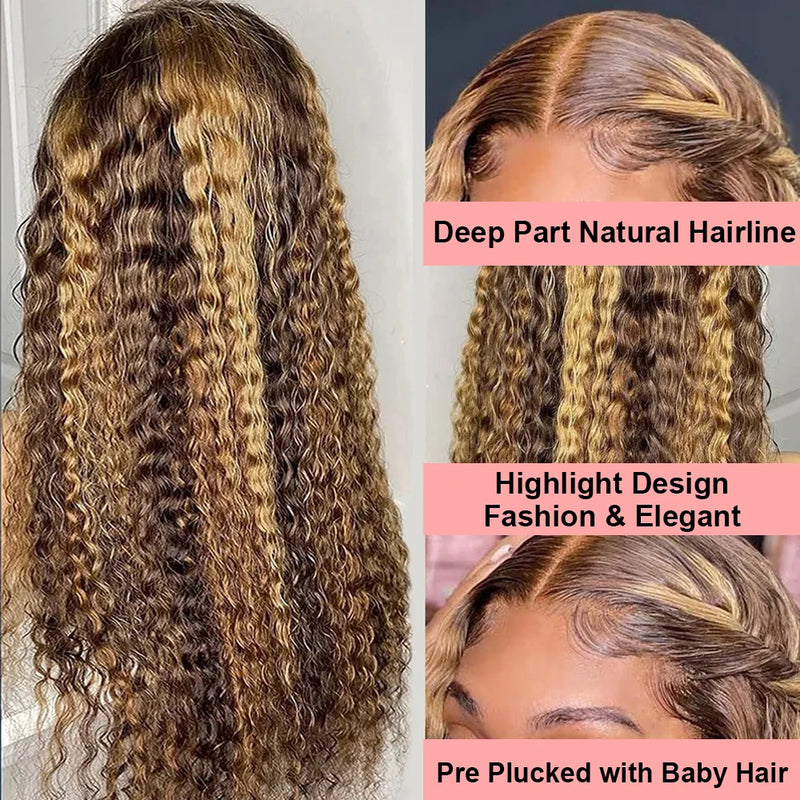 4/27 Highlight Curly Glueless Wigs Human Hair Ombre Colored Deep Wave 7x5 Lace Closure Wig Human Hair Wigs Pre Cut Ready To Wear