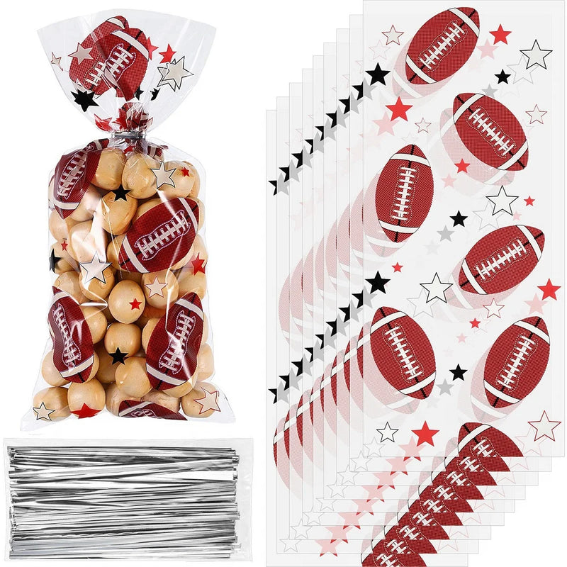 25/50pcs Football Treat Cellophane Bags Soccer Candy Favor Bags Sports Theme Birthday Party Decor Goody Bags with Twist Ties