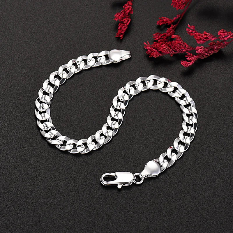 Hot high quality 925 Sterling silver charm 7MM Chain bracelets neckalces jewelry set for man women fashion Party wedding gifts