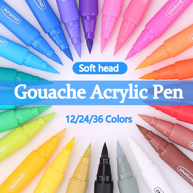 12/24/36 Colors Gouache Acrylic Marker Soft Head Pen Waterproof DIY Creative Graffiti School Stationery Supplies for Students