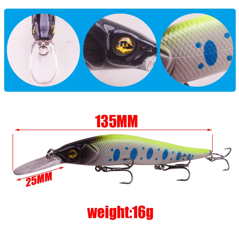 1pcs Minnow Fishing Lure 13.5cm 16g Laser Hard Plastic Pesca Wobbler Swimbaits Artificial Bait Crankbait Treble Hooks Tackle