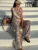 TRAF Women Fashion Casual Backless Tie-Dye Top Set Vintage Neck Tie-Dye V-Neck Top Elegant Drawstring High-Waisted Wide-Leg Pant