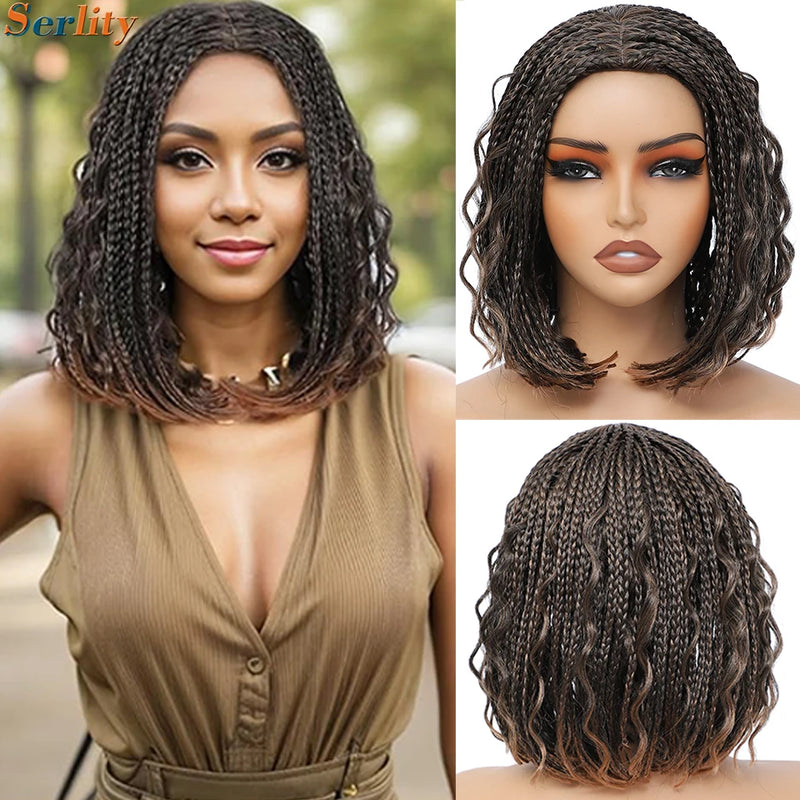 12 Inch Box Knotless Bob Braided Wigs For Black Women Ombre Blonde Braided Bob Wig With Boho Curly Wigs Synthetic Short Bob Wigs