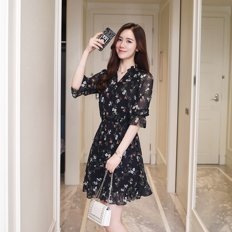 Summer Vintage Chiffon Floral Boho Shirt Dress 2023 Korean Elegant Bodycon Women Party Sexy Mini Dress Casual Sun Beach Vestidos