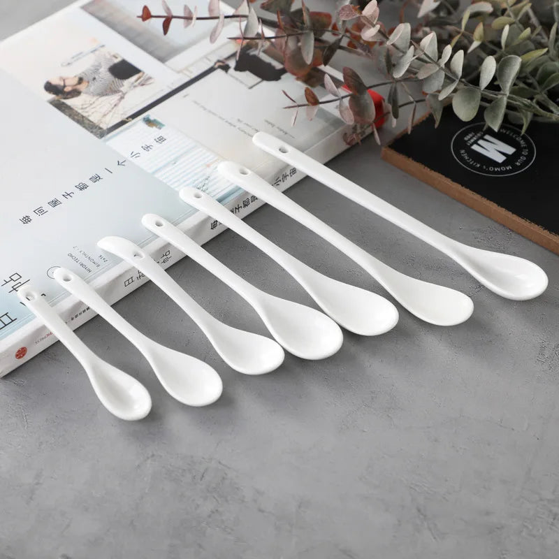 5/10/20/30PCS Ceramic Long Handle Spoons Flatware Dessert Spoon Ice Cream Spoon Tableware Tea  Honey Supplies Kitchen Tools