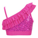 Fashion Girls Tops for Dancing Summer Sleeveless Asymmetrical Sequins Ruffled Tank Crop Top Kids Dance Wear Children's Clothes