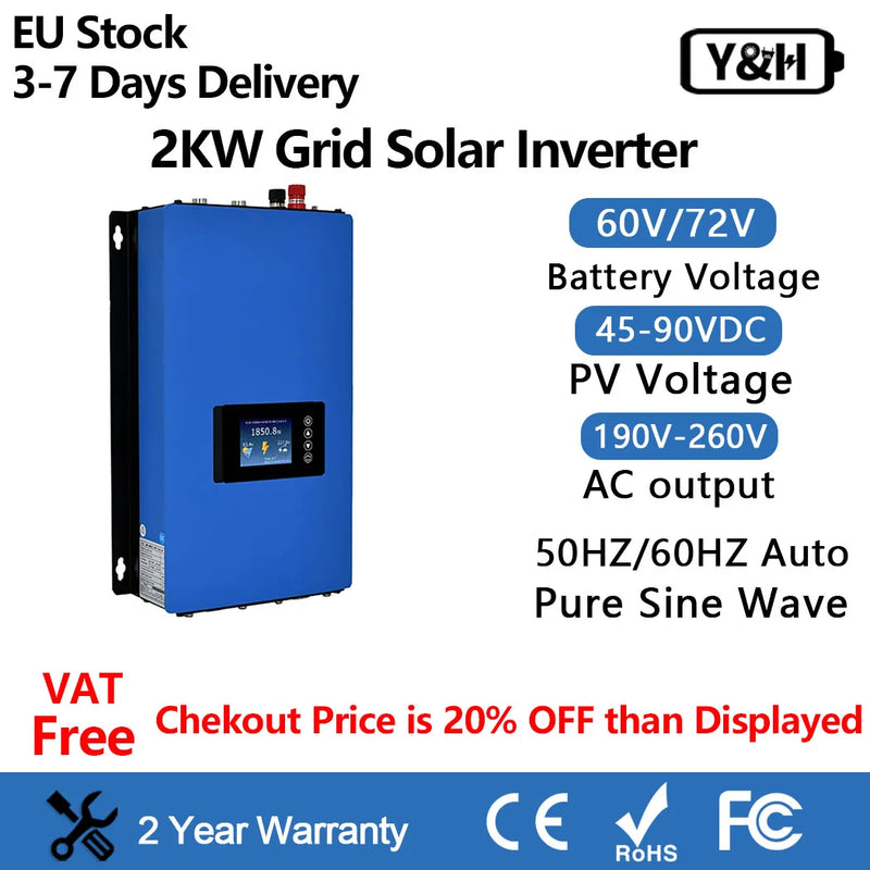 Y&H 2000W MPPT Grid Solar Inverter Battery Discharge Power Mode 2KW with Limiter Sensor PV DC 45-90V AC 220V 230V 240V