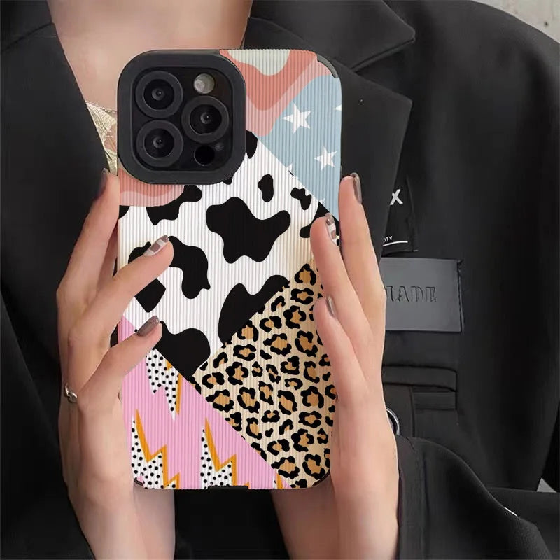 Ins Creative Leopard Cow Silicone Leather Case For iPhone 15 14 13 Pro Max 11 12 Mini SE 7 8 Plus X XR XS Soft Shockproof Cover