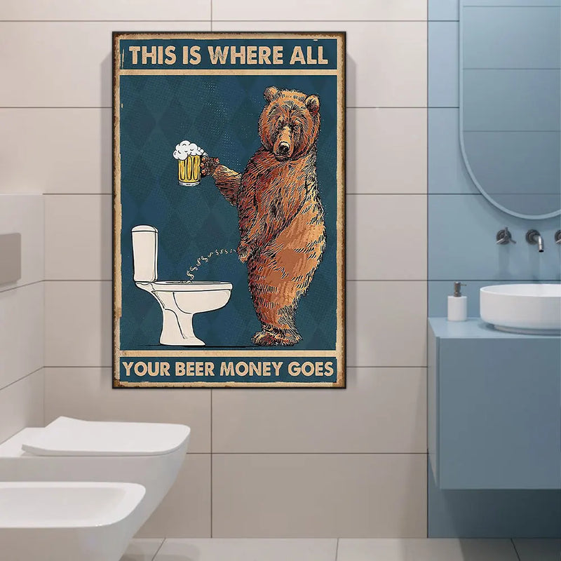 Retro Funny Wall Art Poster Prints Bear Drinking Beer in The Toilet Canvas Painting Picture For Room Home Decoration