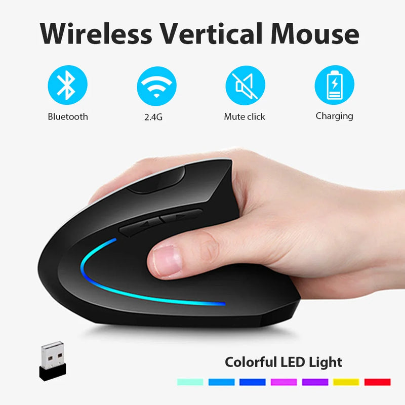 2.4G Rechargeable Wireless Bluetooth Mouse 1600 DPI 6 Buttons Silent Button Ergonomic Vertical Mouse Gaming Mouse for Laptop PC