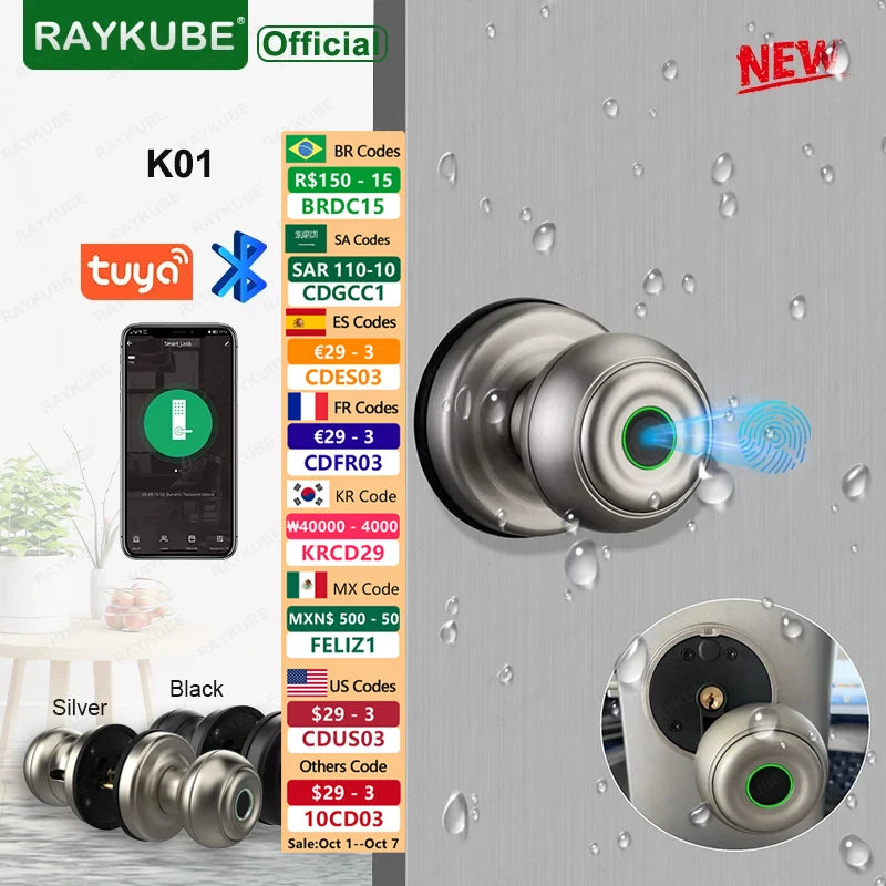 RAYKUBE K01 Tuya Bluetooth Smart Door Lock Auto Cylinder Waterproof Fingerprint Electronic Lock Knob APP/Key/Fingerprint Unlock