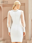 Adyce 2022 New Winter Women White Lace Bodycon Bandage Dress Sexy V Neck Long Sleeve Button Evening Celebrity Club Party Dresses