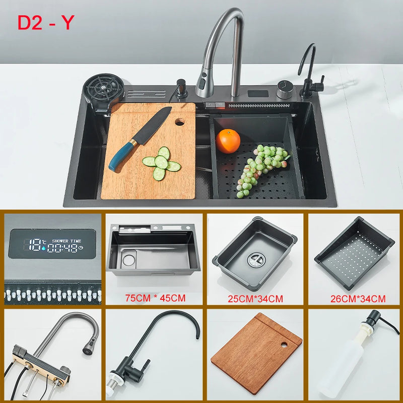 Gold Multifunctional Kitchen Waterfall Sink Digital Display Large Single Sink Dish Basin Sink 304 Stainless Steel