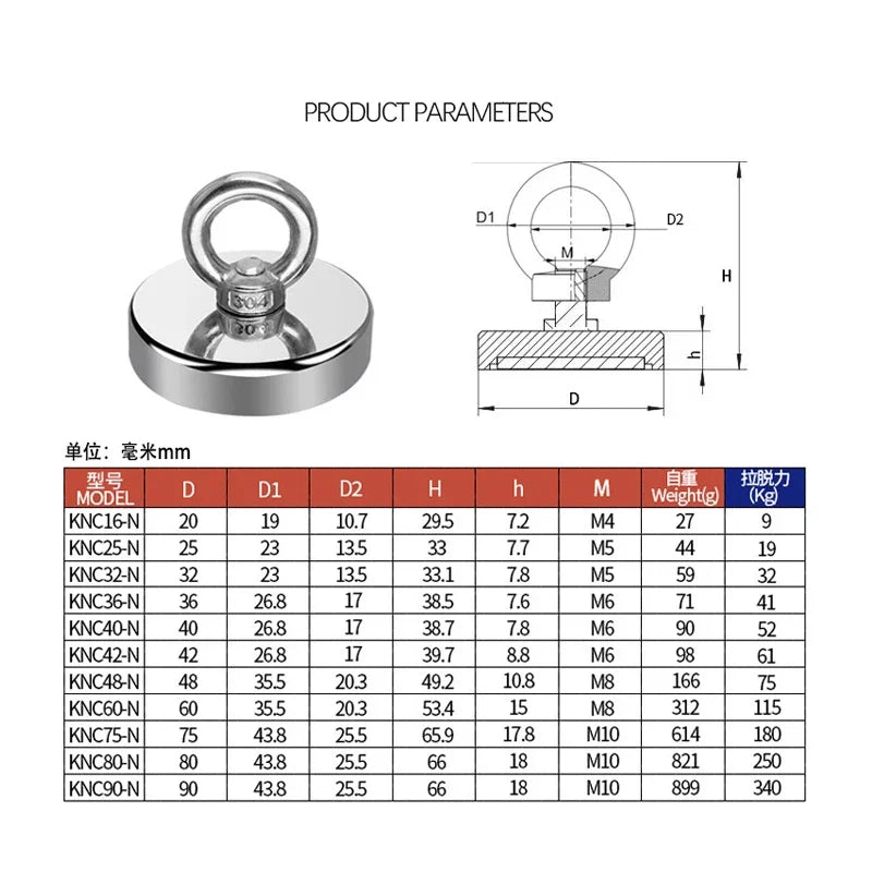 Super Strong Neodymium Fishing Magnets Heavy Duty Rare Earth Magnet with Countersunk Hole Eyebolt for Salvage Magnetic Fishing