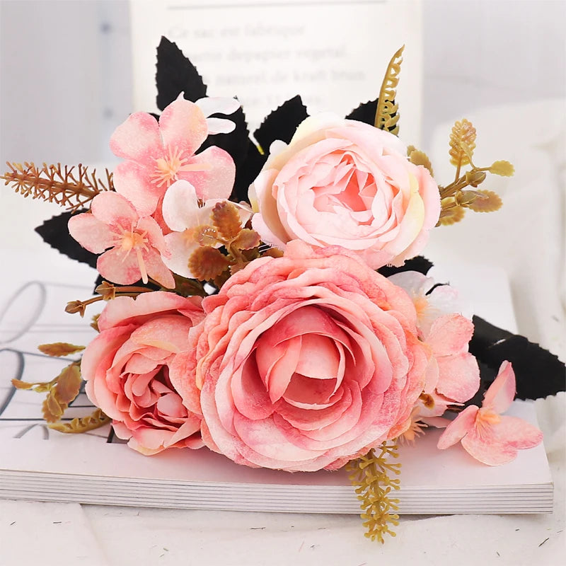 Retro Artificial Rose Flowers For Vase Gift Christmas Wedding Home Room Decoration Outdoor Peony Party Fake Plants Bride Bouquet