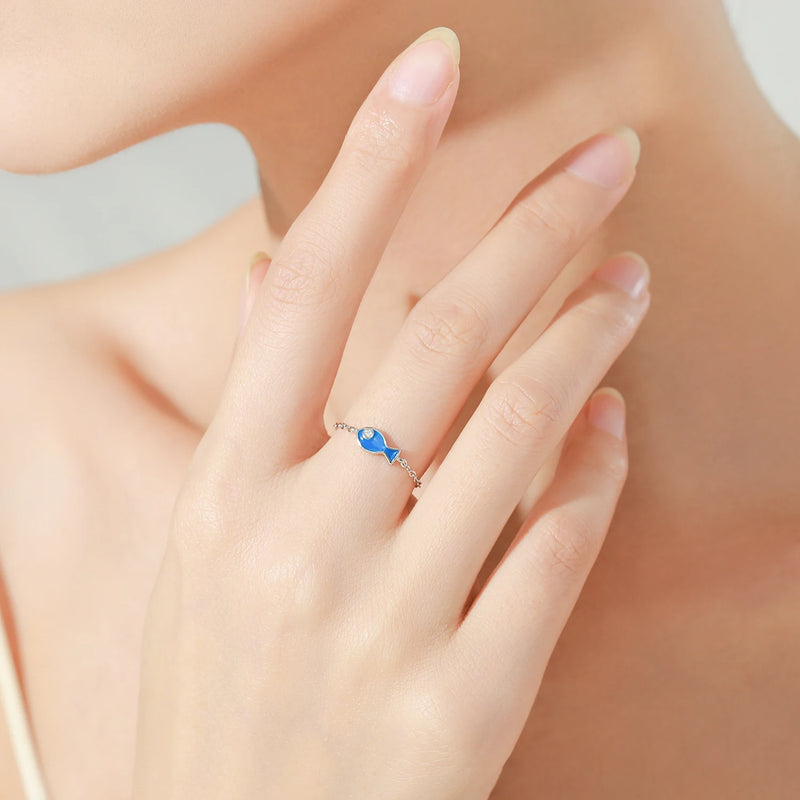 Ailmay 925 Sterling Silver Blue Enamel Lovely Small Fish Adjustable Ring For Women's Daily Wear, Parties, And Gift Giving