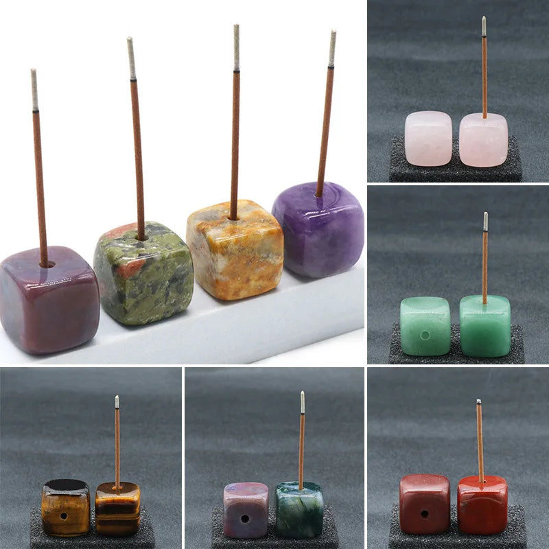 1pc Cube Natural Quartz Stone Incense Stick Holder Censer Crystal Healing Agate Incense Base Stand Burner Aromatherapy