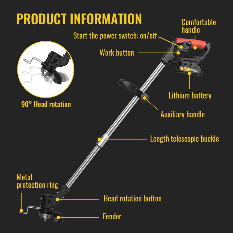 Conentool 21V Cordless Electric Lawn Mower 2*Batteries Grass Trimmer Adjustable Length Lightweight Household Garden Yard Cutting