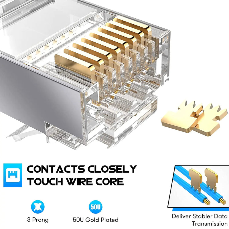 ZoeRax Shielded RJ45 Cat6A Cat7 Pass Through connectors - 3 Prong 8P8C 50U Gold Plated 2-Piece Pass Through Modular Data Plug