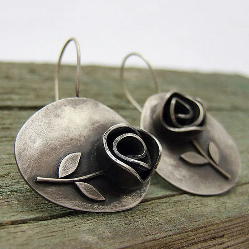 Asymmetric Leaf Metal Rose Flower Earrings Vintage Jewelry Silver Color Engraved Statement Hook Earrings for Women