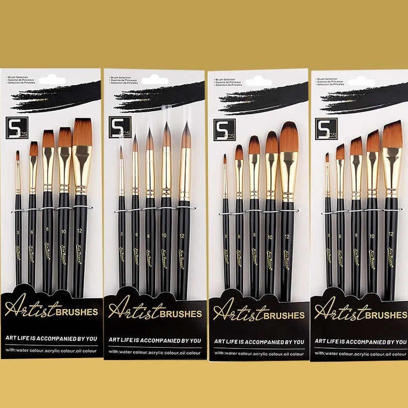 5Pcs Artist Paint Brush Set High Quality Nylon Hair Wood Black Watercolor Brush for Gouache Acrylic Oil Painting Art Supplies