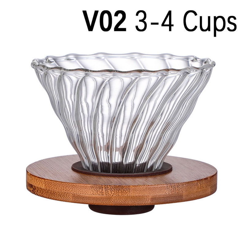 Coffee Dripper Glass Funnel Drip Coffee Maker V01 V02 Filter Transparent Reusable Pour Over Brewing Cup with Wooden Holder