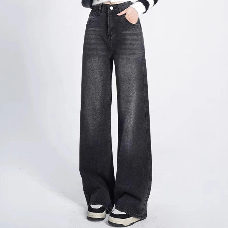 2024 Woman Korean High Waist Jeans Lady Slim Fit Loose Denim Wide Leg Pants Girls Black Gray High Street Straight Leg Trousers