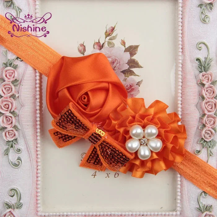 1PCS Baby Girls Flower Headband Rose Bow Pearl Elastic Kids Children Hairbands Hair Accessories Photo Props Headwear