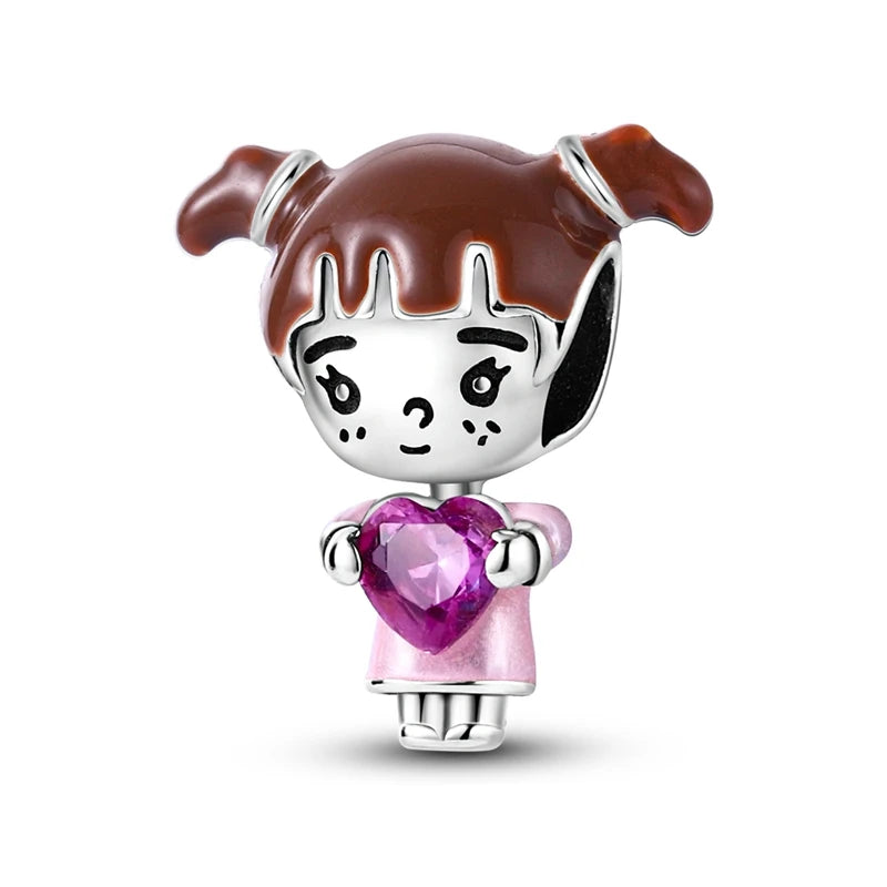 Silver Plated Boy Girl Couple Lovers Beads Charms Zirconium Dangle Fit Original Pandora Bracelet Necklace Jewelry Women Gift