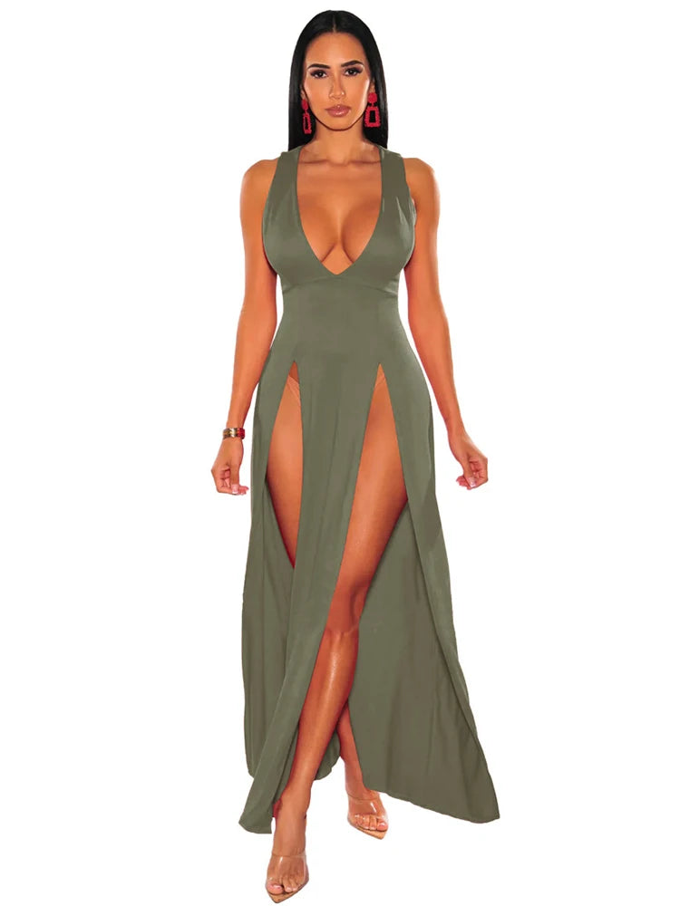 Womens Side Split Deep V Neck Bodycon Clubwear Maxi Vest Dress Sexy Sleeveless Bandage Slim Evening Cocktail Party  Long Dress