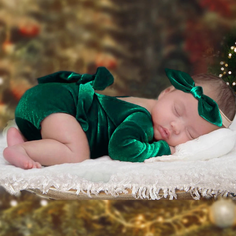 Ylsteed Newborn Christmas Photography Clothes Baby Girl Back Bow Red Romper with Rabbit Headband