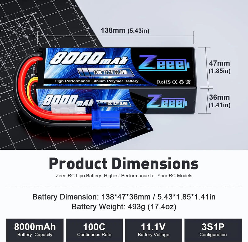 Zeee Lipo 3S 8000mAh Battery 11.1V 100C Hardcase with EC5 Plug for RC Cars Buggy Truggy FPV Drone Racing Hobbies Model Parts