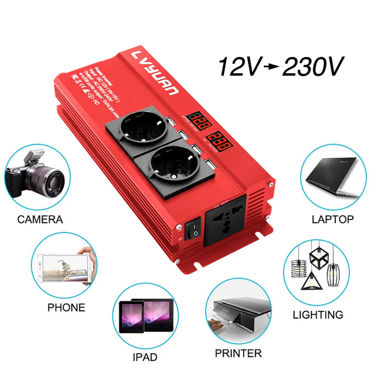 LVYUAN Power Inverter 1500W/2000W/2600W Peak Power LED Display Car Inversor DC12V AC220V High Efficiency