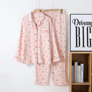 Spring New Ladies Pajamas Set Heart Printed Crepe Cotton Double-layer Gauze Turn-down Collar Long-sleeve Trousers Household Wear