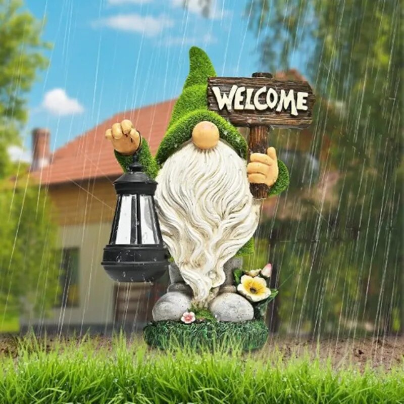 Flocked Garden Gnome Decorations with Solar Lights Resin Cartoon Gnome with Lantern Ornament Lamps Art Craft for Home Garden