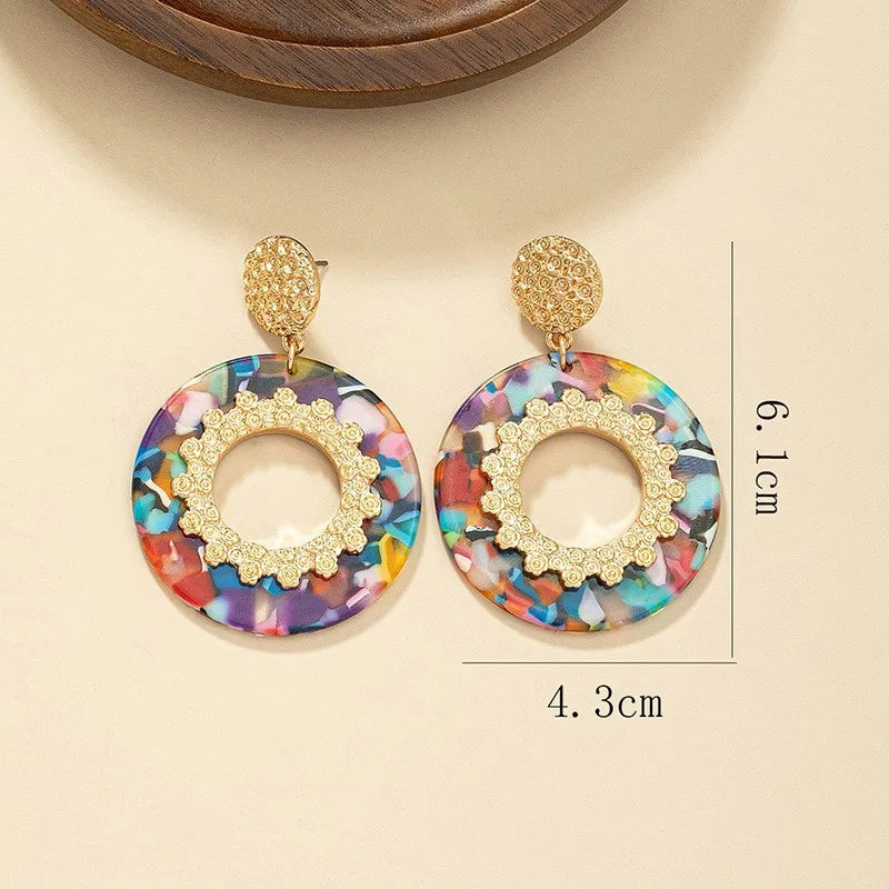 Bohemian New In Personality Simple Fashion Earrings For Women Color Acetic Acid Round Eardrop Acrylic Embossed Pattern Jewelry