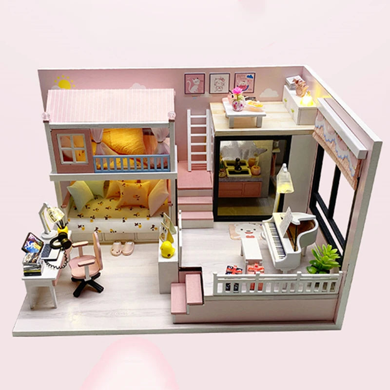 DIY Wooden Princess Room Casa Doll Houses Miniature Building Kits with Furniture Light Dollhouse Toys for Adults Birthday Gifts