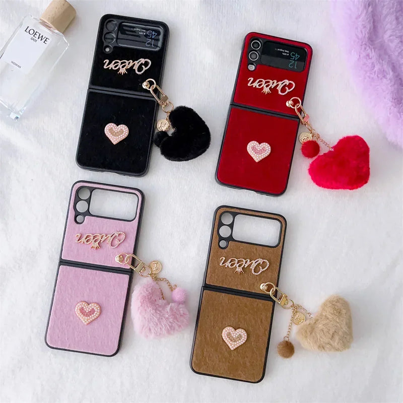 Pearl Love Plush Pendant Phone Case for Samsung Galaxy Z Flip5 5g Z Flip4 Flip3 Z Flip 5 4 3 Love Heart Plush Shockproof Cover