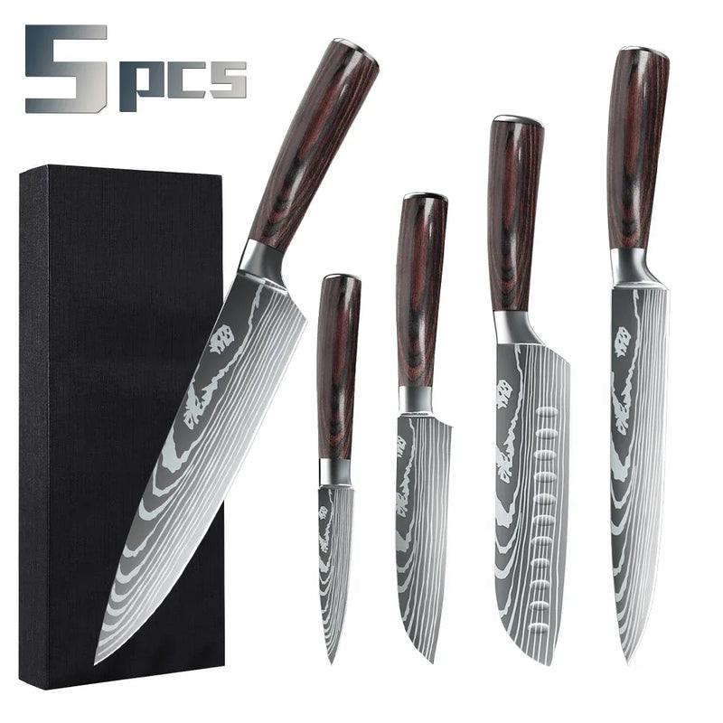 Kitchen Knife Set 3-10PCS Professional Chef Knife 7CR17 Germany Stainless Steel Damascus Laser Meat Cleaver Slicing Santoku